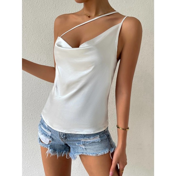 Draped cowl neck criss cross strap Satin crop Top cami tank white - Picture 5 of 7